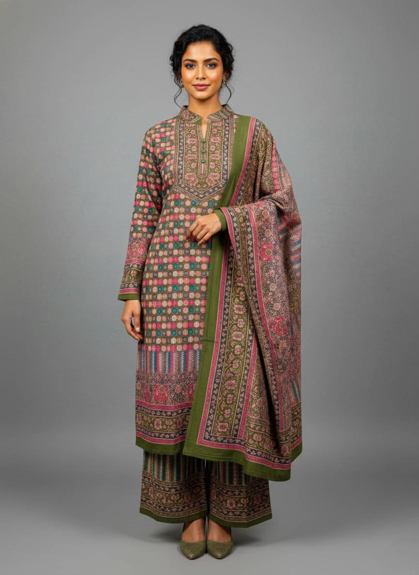 Xenios Women Woollen Printed A-line Kurti With Palazzo ( Olive )     			Xenios Women Woollen Printed A-line Kurti With Palazzo ( Olive )