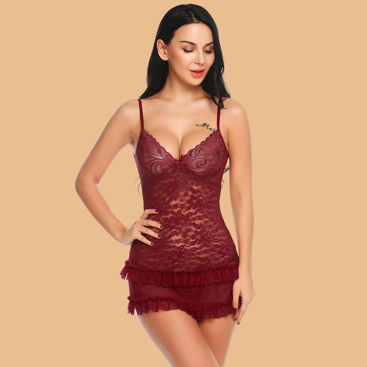     			Zerjama Maroon Lace Women Baby Doll Dress With Panty