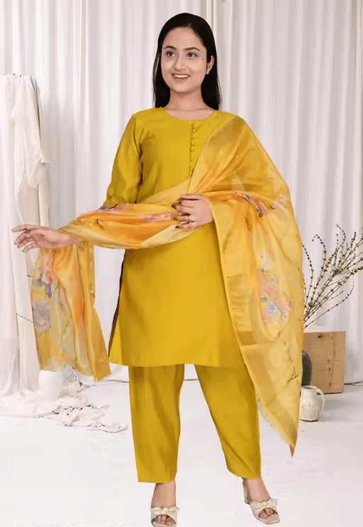 one amore Women Silk Blend Solid Straight Kurti With Pants ( Yellow )     			one amore Women Silk Blend Solid Straight Kurti With Pants ( Yellow )