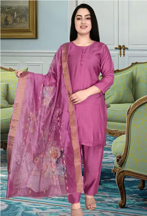 one amore Women Silk Blend Solid Straight Kurti With Pants ( Pink )     			one amore Women Silk Blend Solid Straight Kurti With Pants ( Pink )