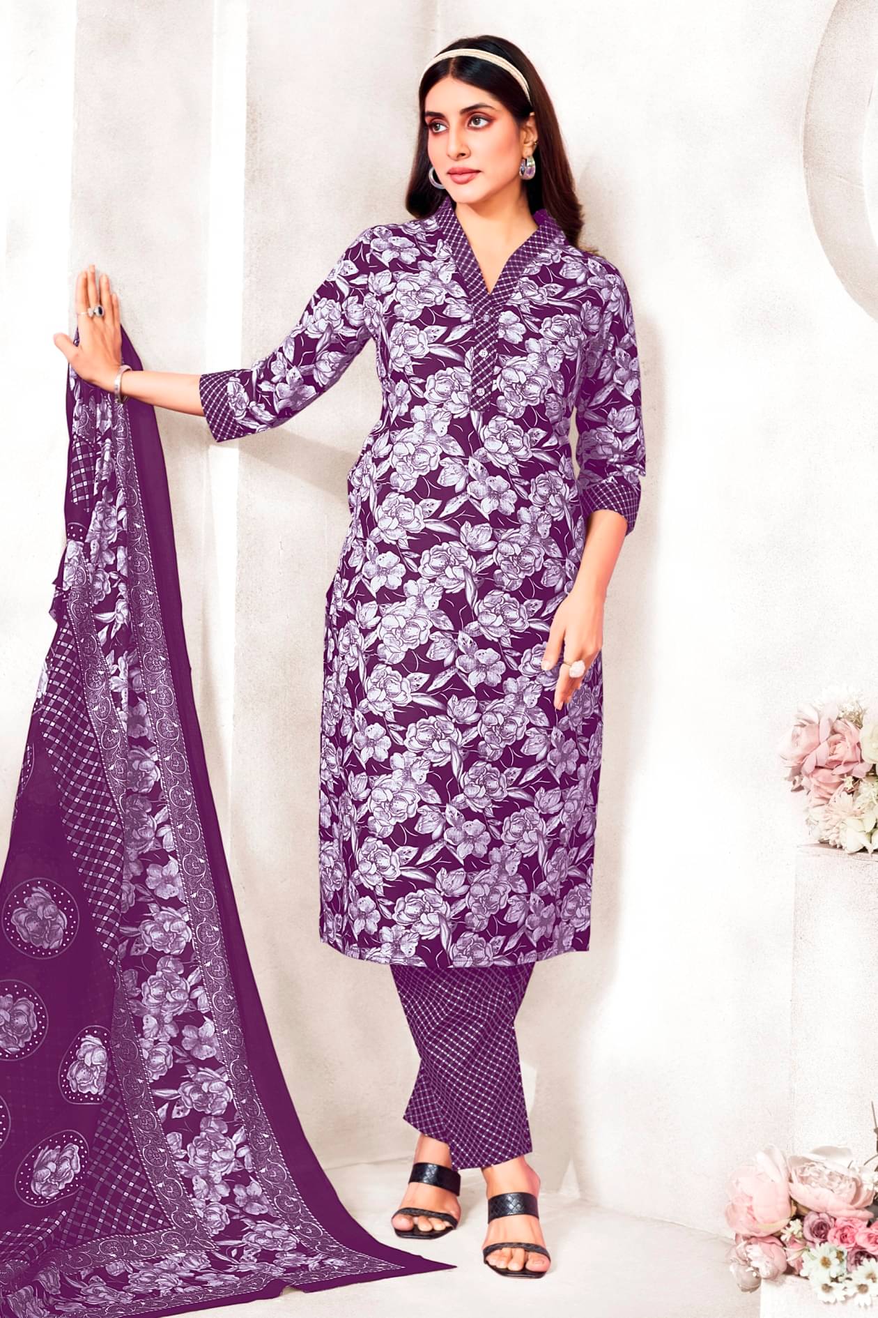 shree jeenmata collection Women Cotton Printed Straight Kurti With Pants ( Purple )     			shree jeenmata collection Women Cotton Printed Straight Kurti With Pants ( Purple )