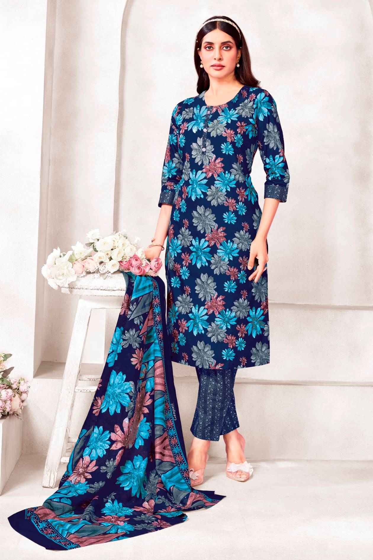 shree jeenmata collection Women Cotton Printed Straight Kurti With Pants ( Blue )     			shree jeenmata collection Women Cotton Printed Straight Kurti With Pants ( Blue )