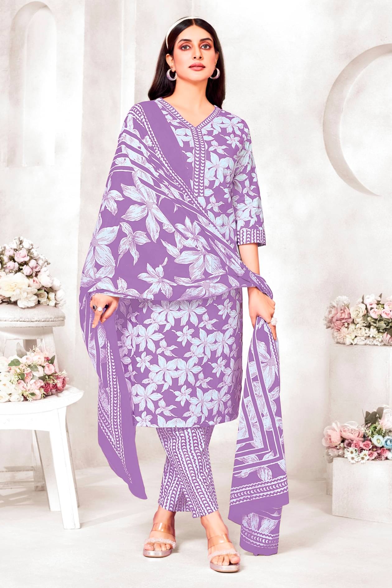 shree jeenmata collection Women Cotton Printed Straight Kurti With Pants ( Purple )     			shree jeenmata collection Women Cotton Printed Straight Kurti With Pants ( Purple )