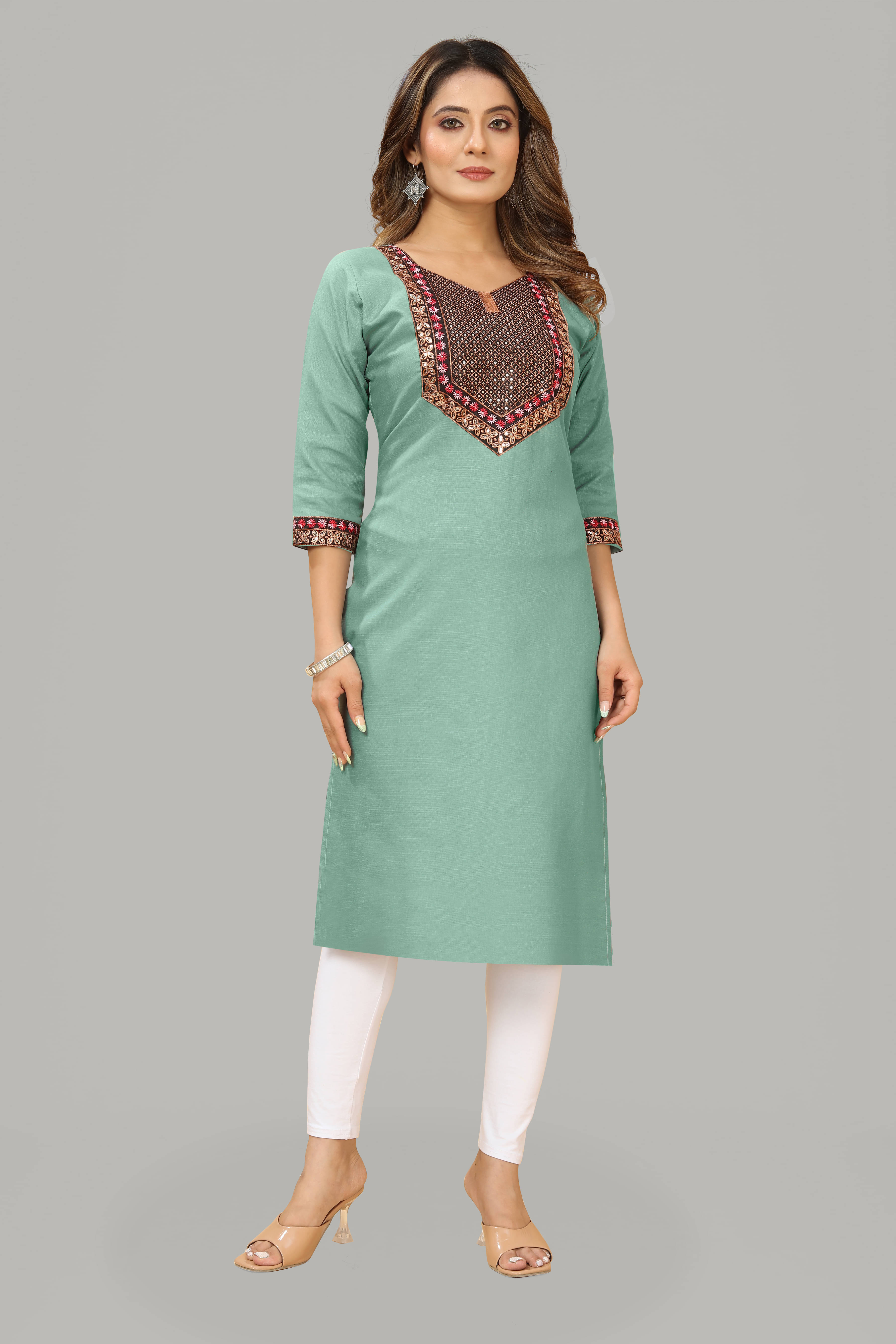     			DHANSHREE TEX Women Viscose Rayon Embellished A-line Kurti ( Teal )