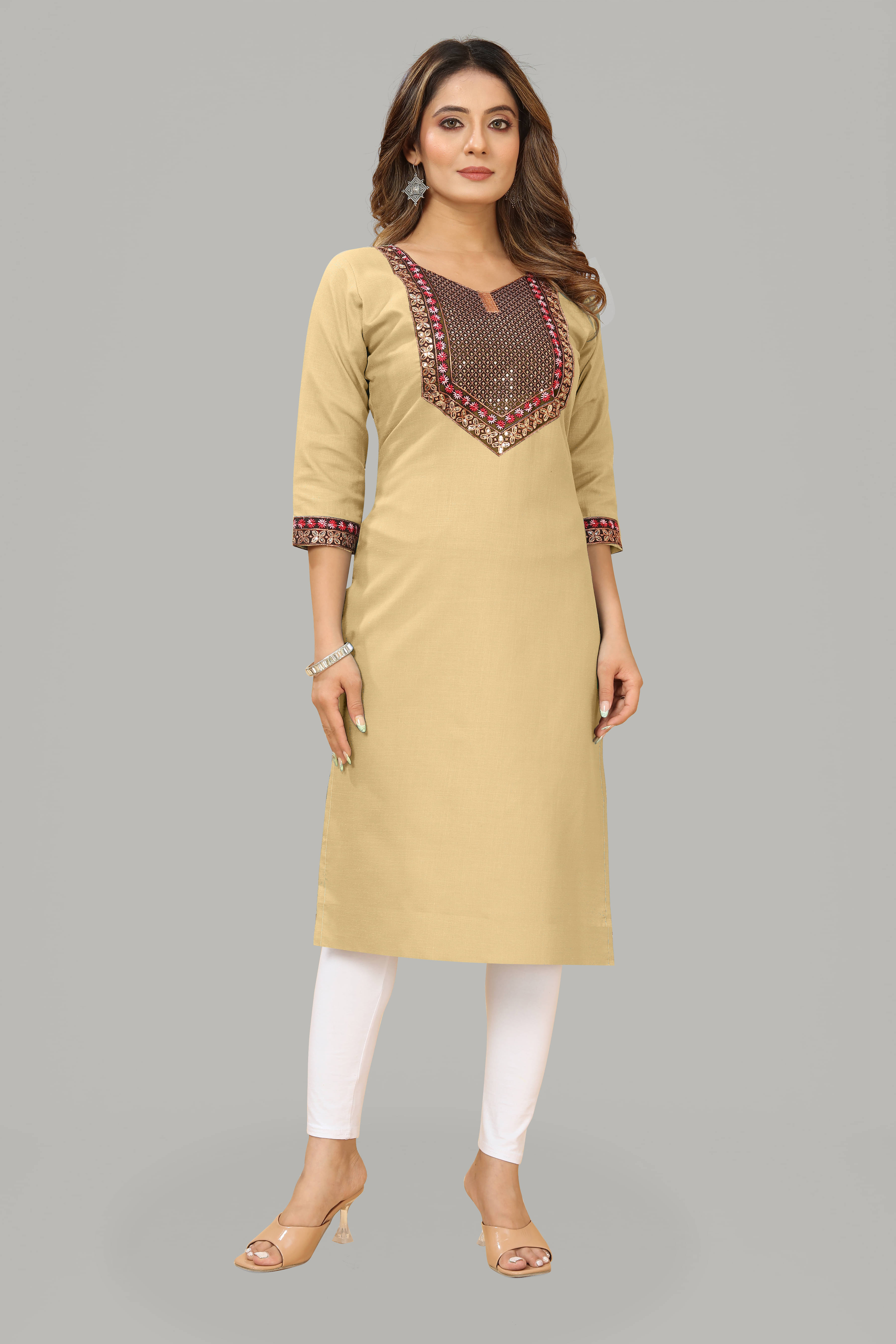 DHANSHREE TEX Women Viscose Rayon Embellished A-line Kurti ( Cream )     			DHANSHREE TEX Women Viscose Rayon Embellished A-line Kurti ( Cream )