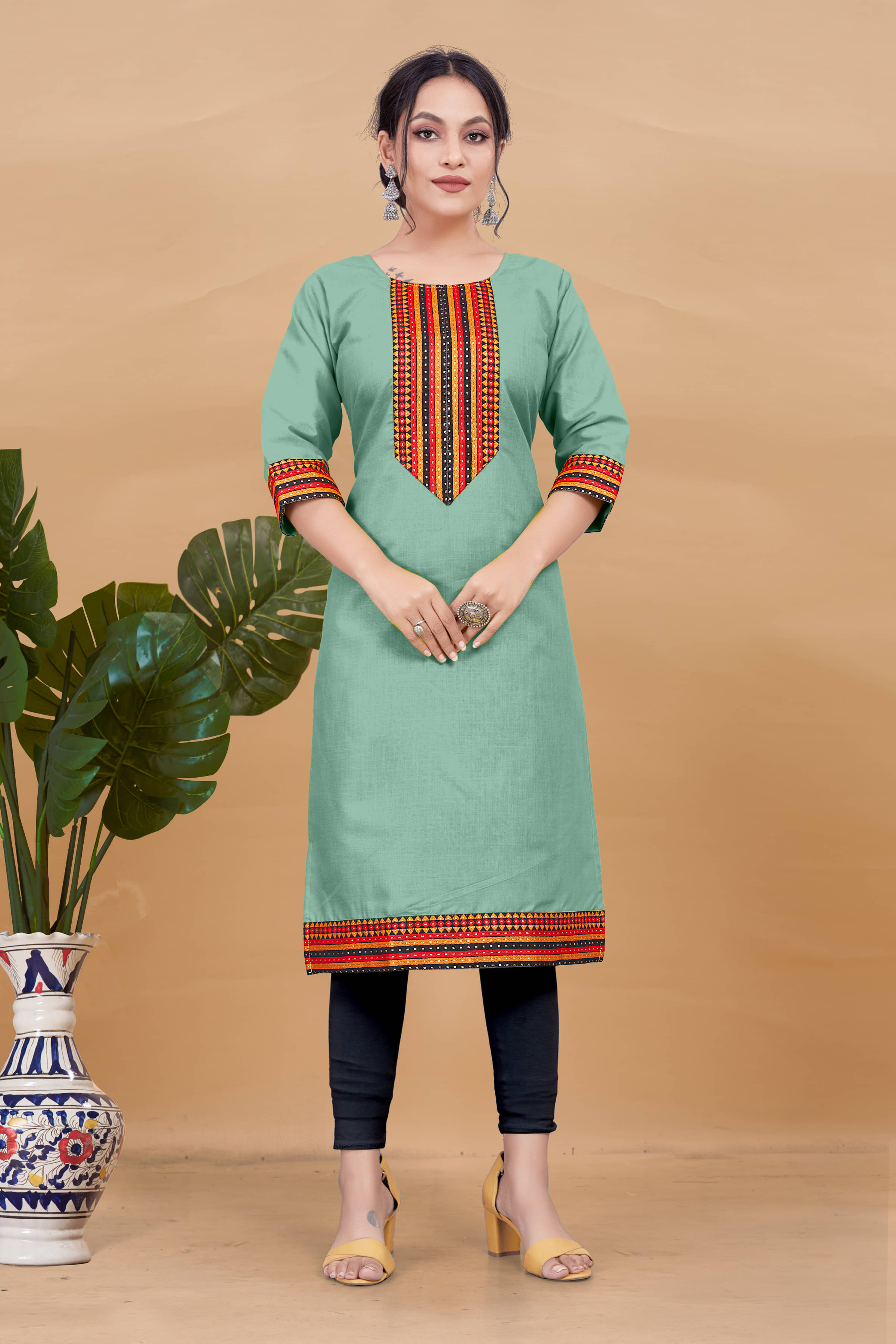     			DHANSHREE TEX Women Viscose Rayon Embellished A-line Kurti ( Teal )
