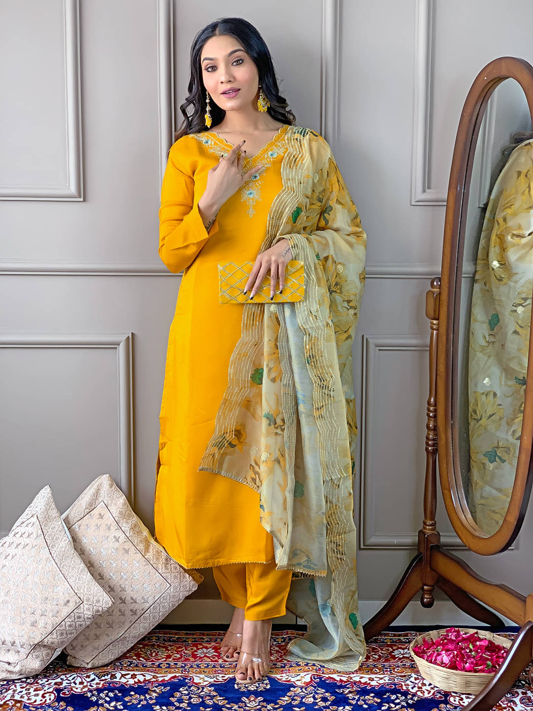 Fashionfricks Women Chanderi Self Design Straight Kurti With Pants ( Yellow )     			Fashionfricks Women Chanderi Self Design Straight Kurti With Pants ( Yellow )
