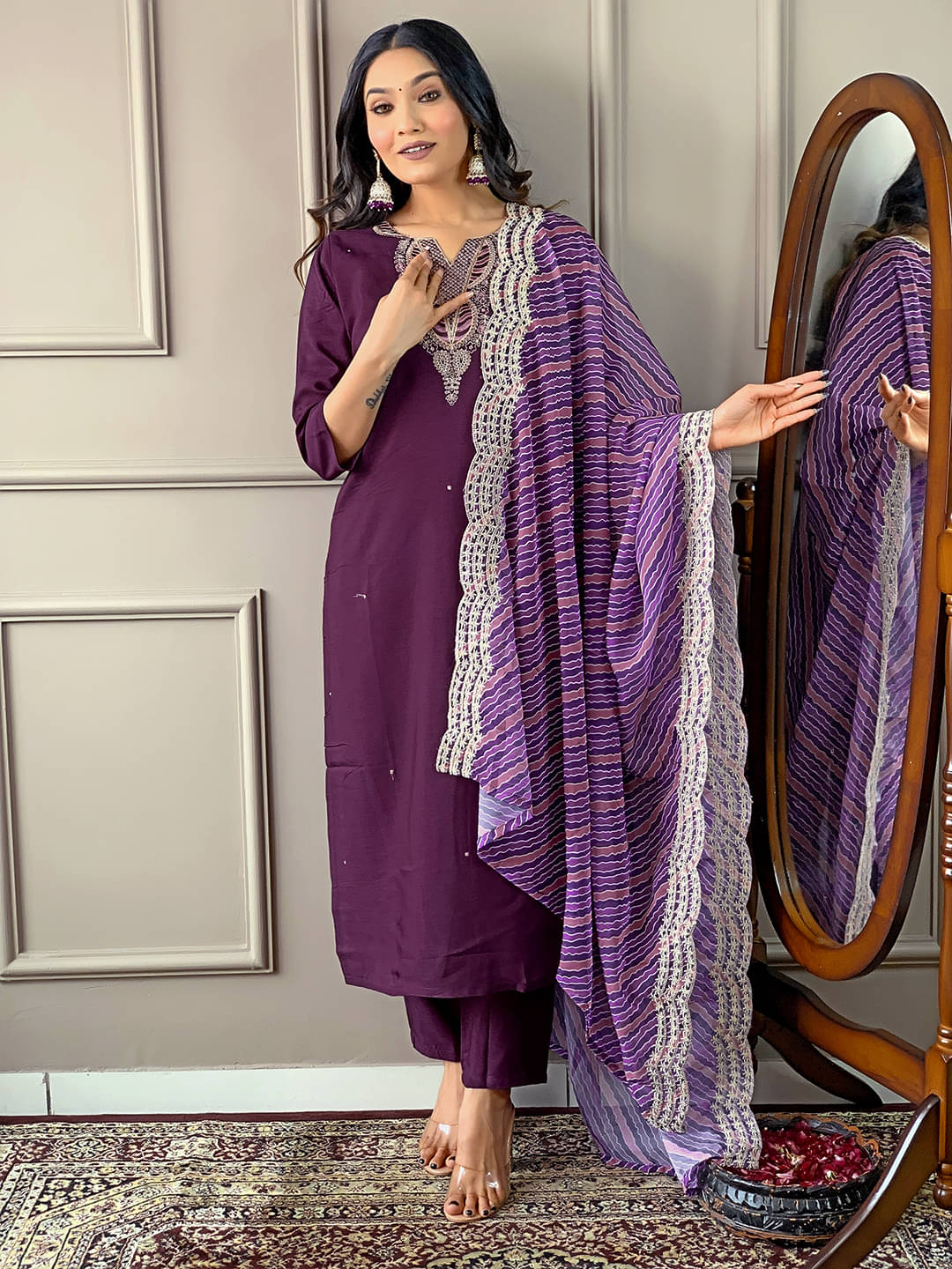 Fashionfricks Women Viscose Self Design Straight Kurti With Pants ( Purple )     			Fashionfricks Women Viscose Self Design Straight Kurti With Pants ( Purple )