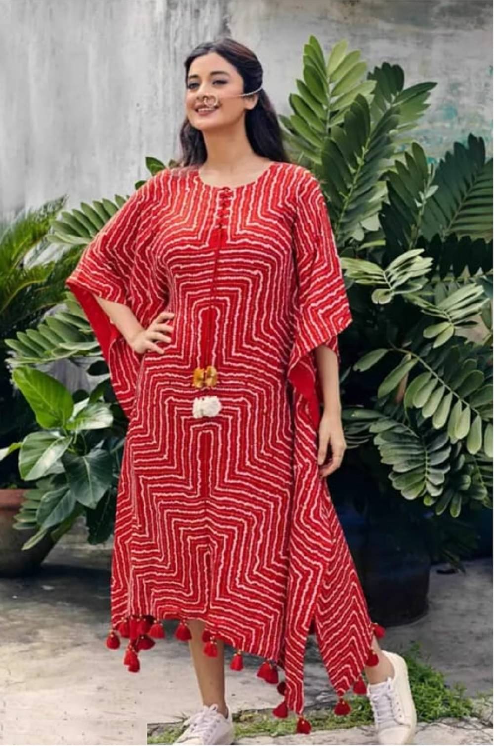 Gobya Women Viscose Rayon Printed Kaftan Kurti ( Red ) Gobya Women Viscose Rayon Printed Kaftan Kurti ( Red )