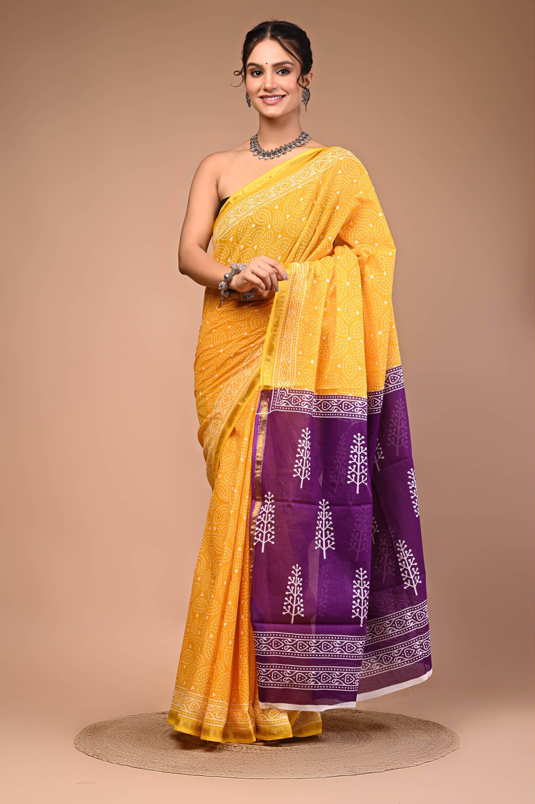     			Lovwear Cotton Printed Regular Saree With Unstitched Blouse Piece ( Yellow,Purple )