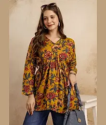 MIALO FASHION Women Viscose Rayon Printed Flared Kurti ( Yellow )