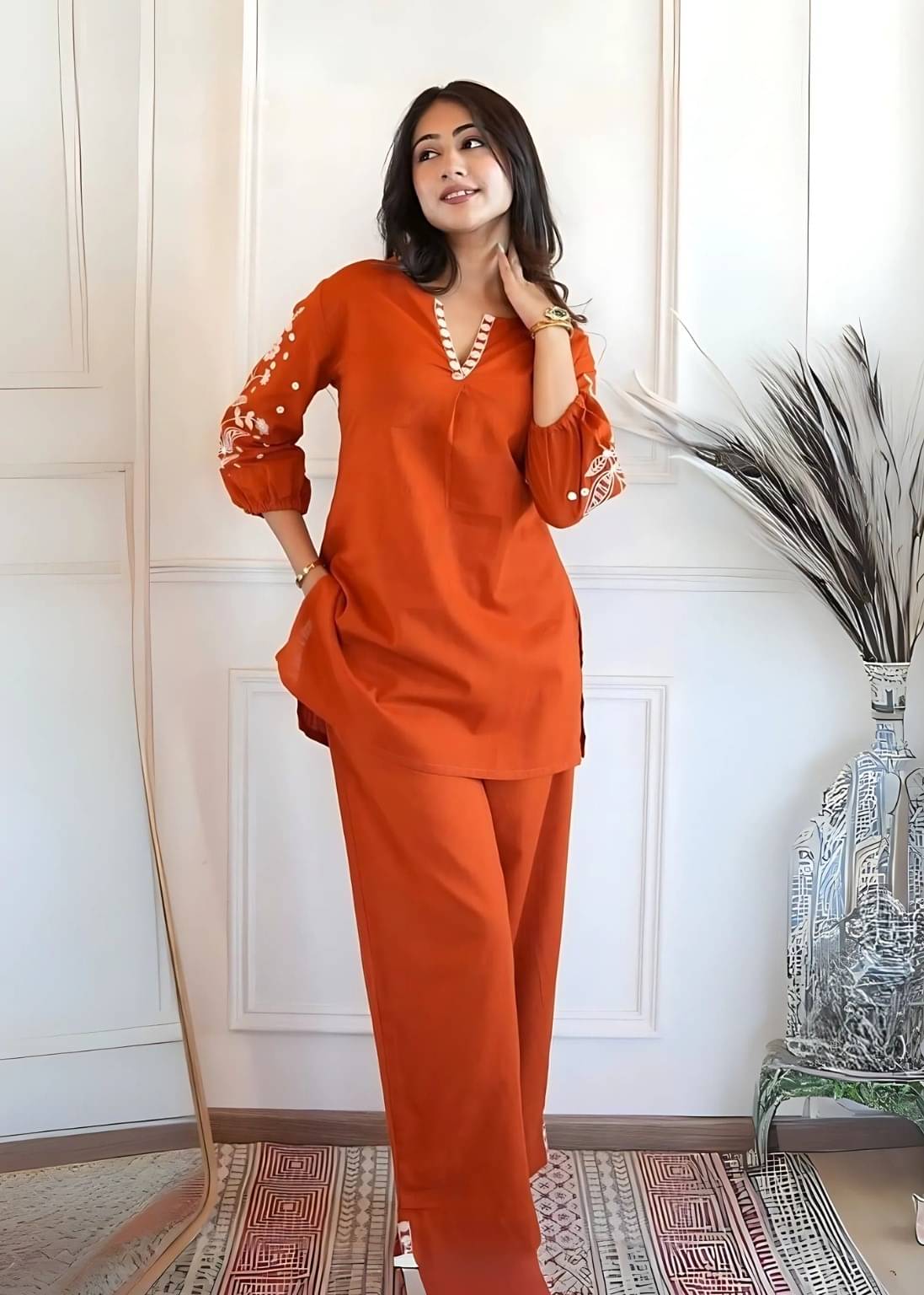     			Neev's Dizain Studio Women Embroidered Top With Trousers Co-Ord Set ( Orange )