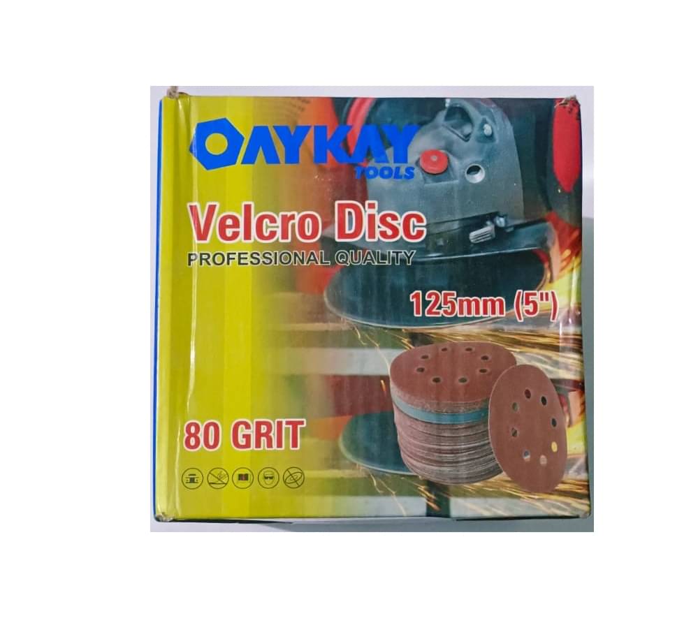     			Oaykay Tool Velcro Disc 125 mm with (80 Grit)  for Fine Grinding of Metal & Wood, 8 Holes Sanding Discs for Fiber Glass Primer, Paint & Plastic Work PACK OF 100PCS
