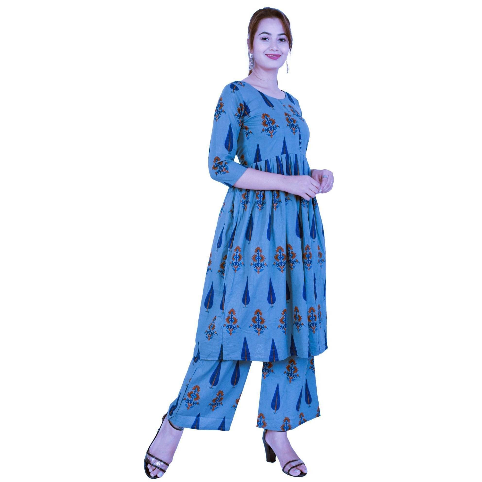     			RAMBAAN CREATION Women Cotton Blend Printed Straight Kurti With Palazzo ( Grey )