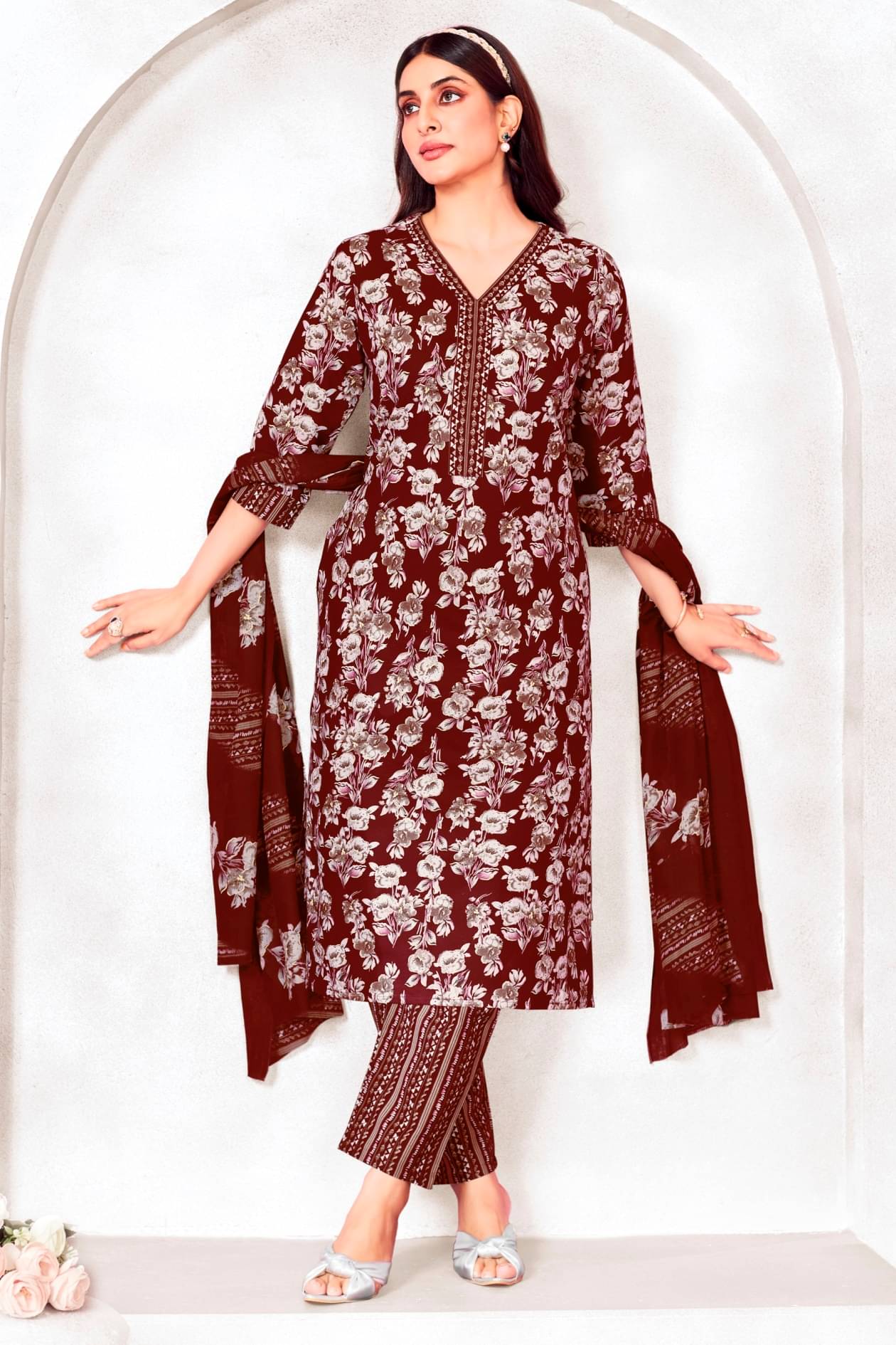     			SIMMU Women Cotton Printed Straight Kurti With Pants ( Maroon )