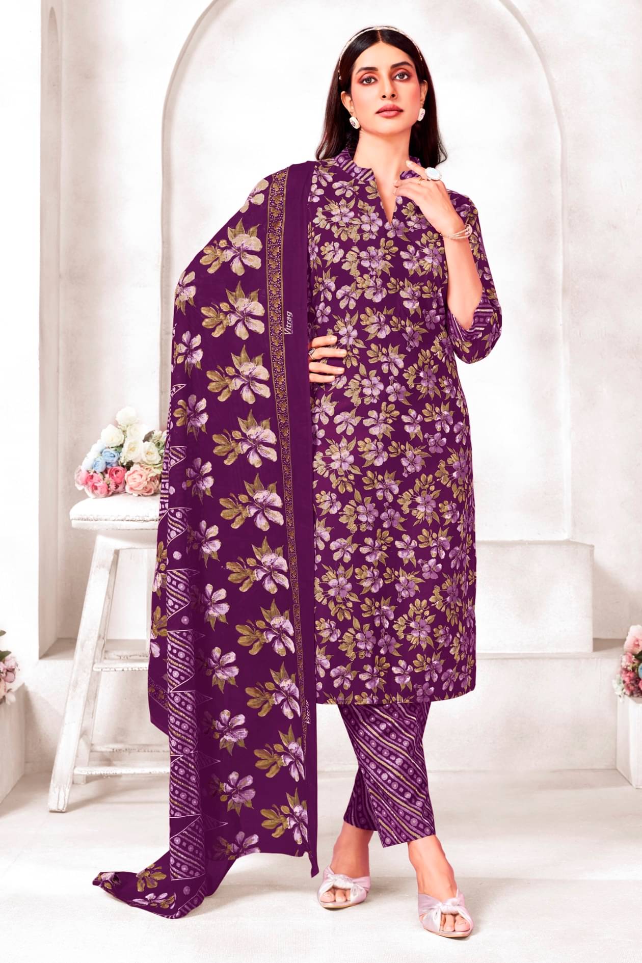     			SIMMU Women Cotton Printed Straight Kurti With Pants ( Purple )