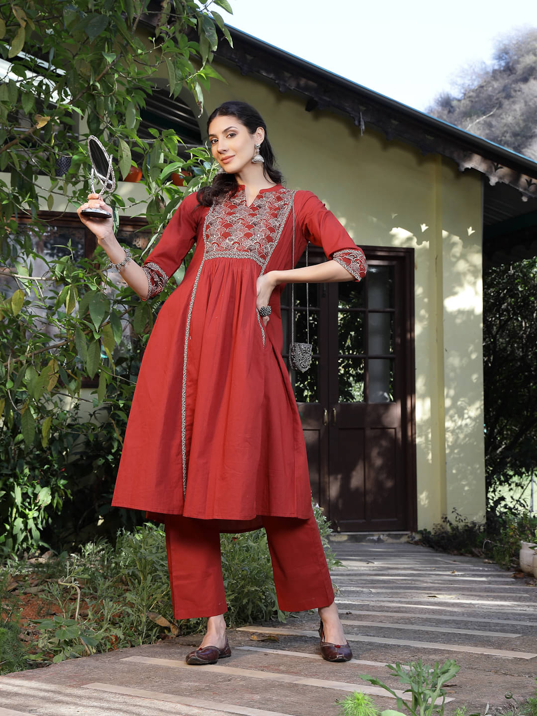     			Stylum Women Cotton Printed A-line Kurti With Pants ( Rust )