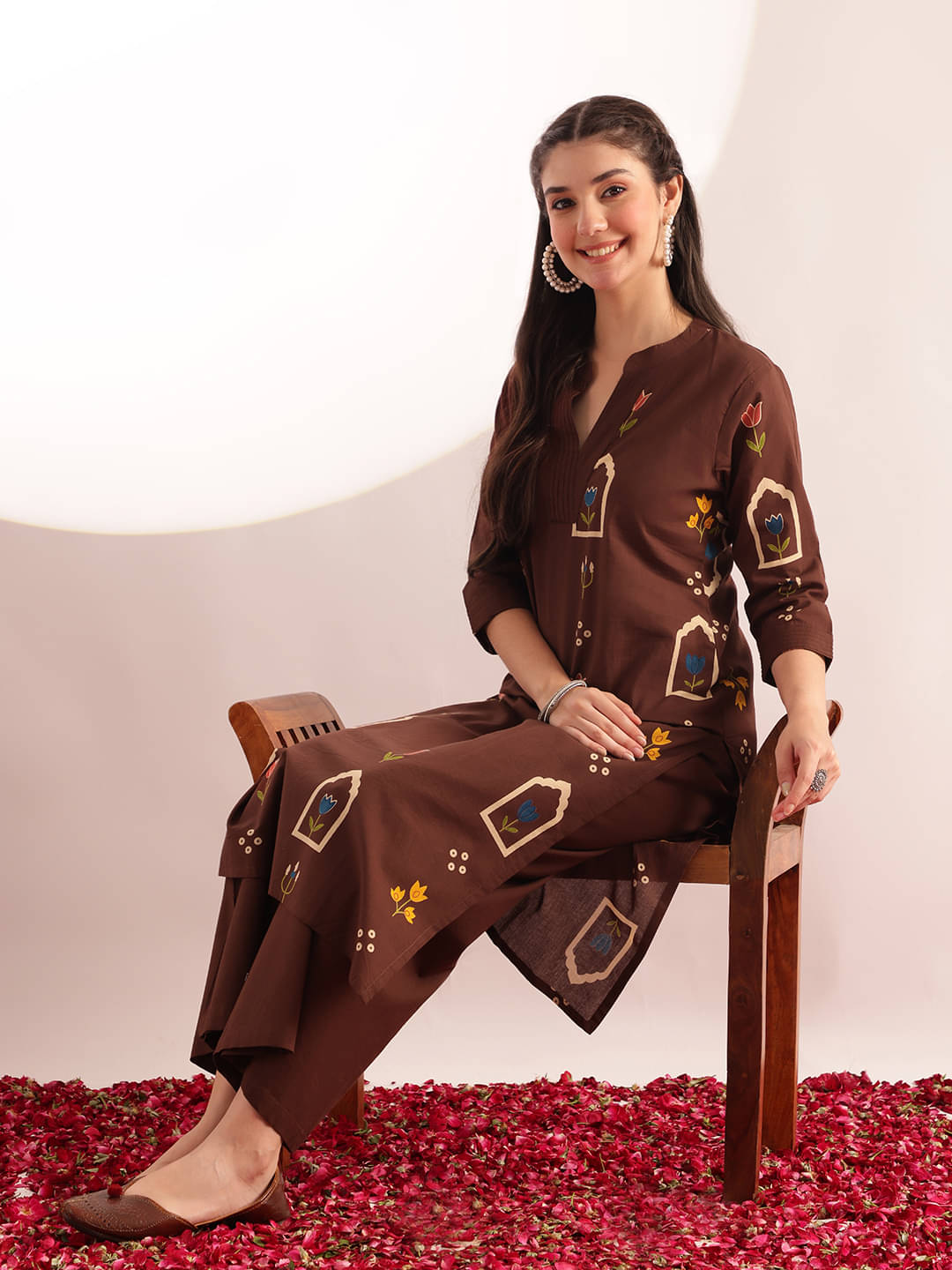 Vbuyz Women Cotton Embellished Straight Kurti With Palazzo ( Brown )     			Vbuyz Women Cotton Embellished Straight Kurti With Palazzo ( Brown )