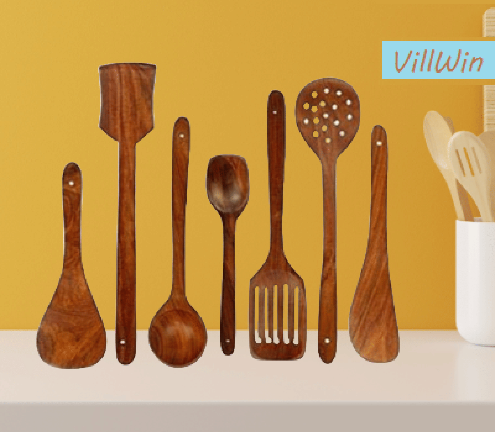 VillWin Wooden Serving & Cooking Spoon Set of 7, Handmade Wooden Spatula Set for Cooking, Non Stick Kitchen Tools, Turner, Ladle, Pasta & Frying Spoon, Natural Cookware     			VillWin Wooden Serving & Cooking Spoon Set of 7, Handmade Wooden Spatula Set for Cooking, Non Stick Kitchen Tools, Turner, Ladle, Pasta & Frying Spoon, Natural Cookware