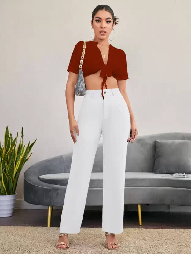     			AMK Women Polyester Wide Leg Trousers ( White )