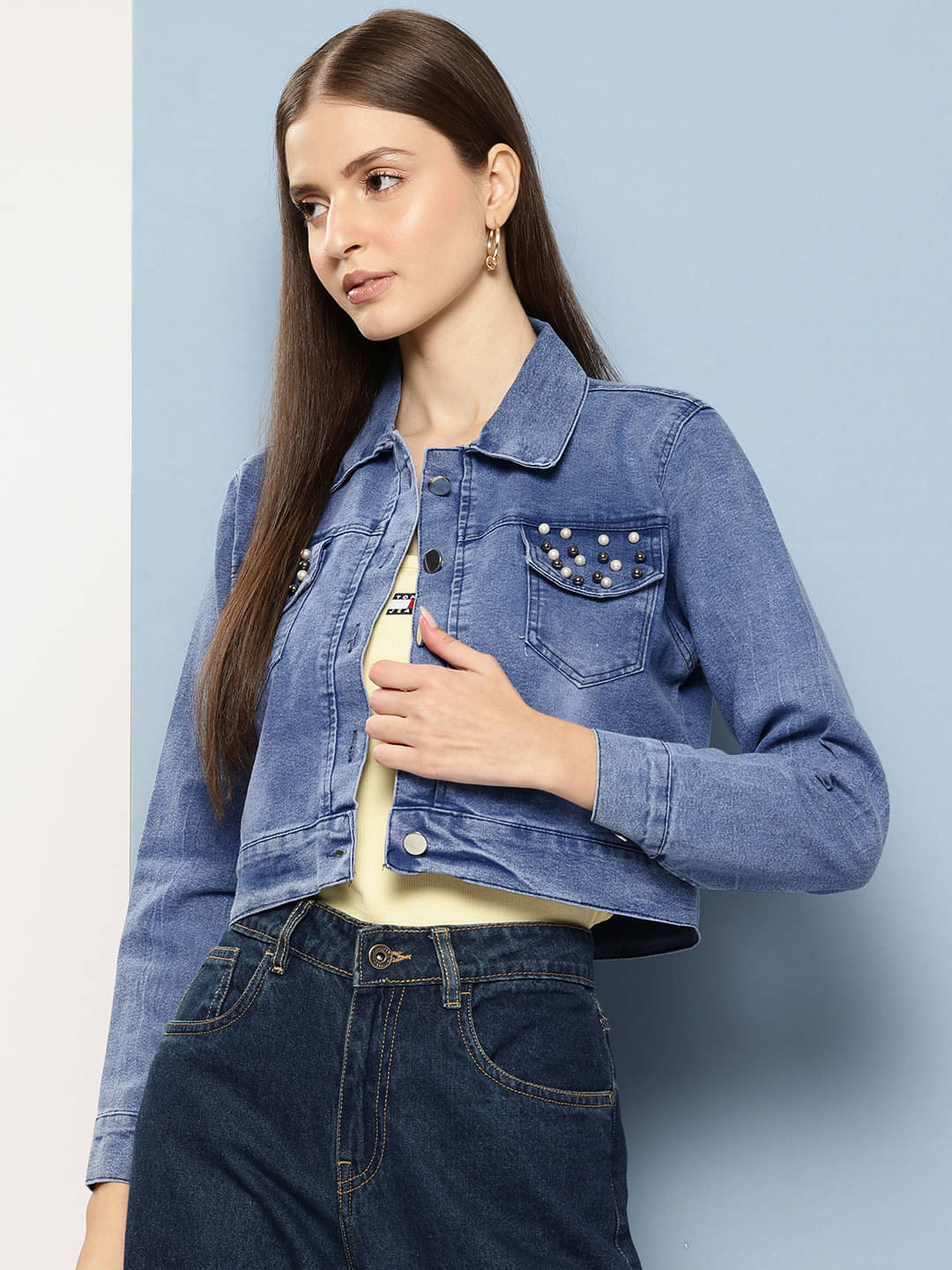 Aarika Women Shirt Collar Denim Jacket ( Blue ) Aarika Women Shirt Collar Denim Jacket ( Blue )