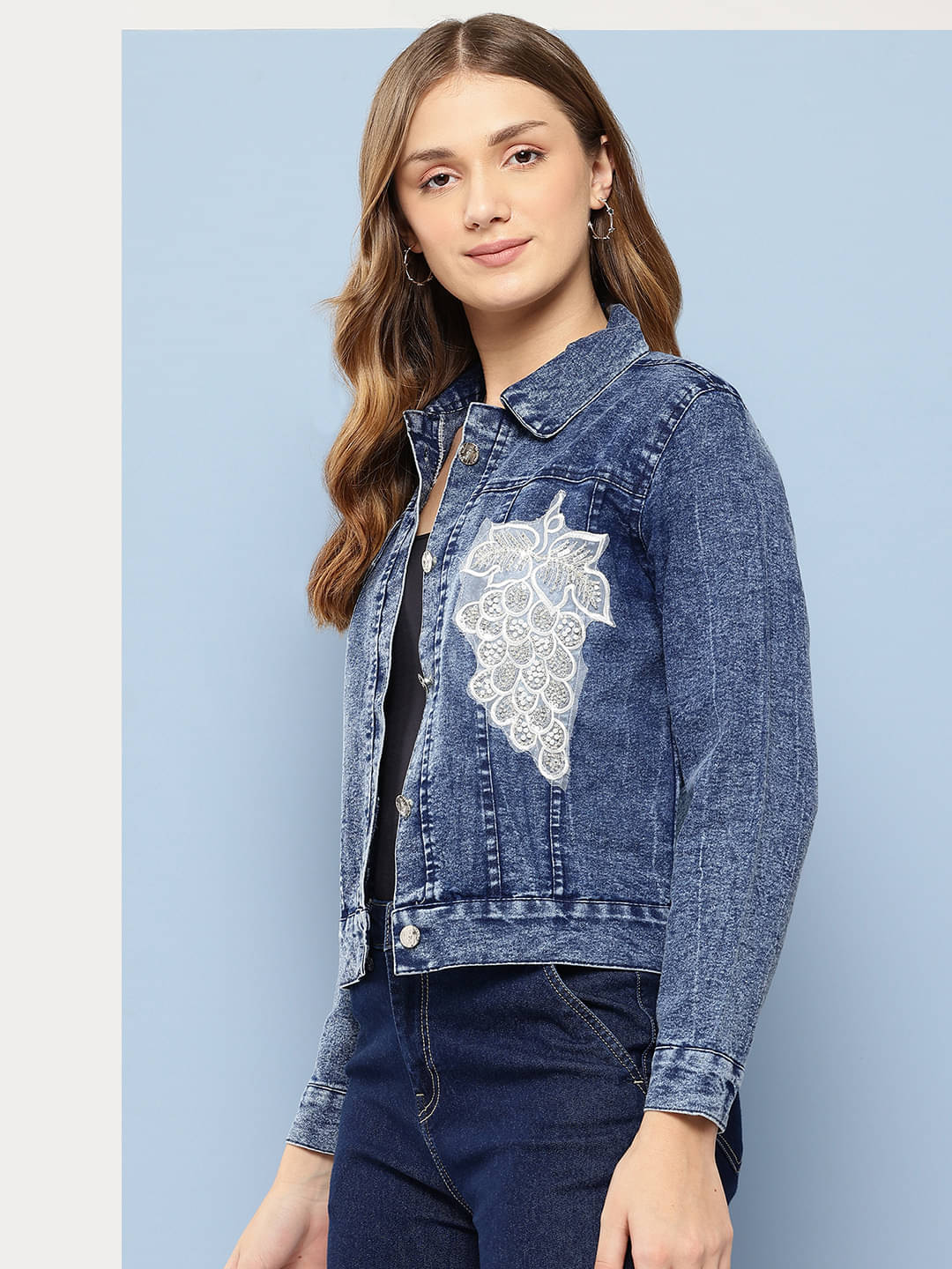     			Aarika Women Shirt Collar Denim Jacket ( Navy Blue )