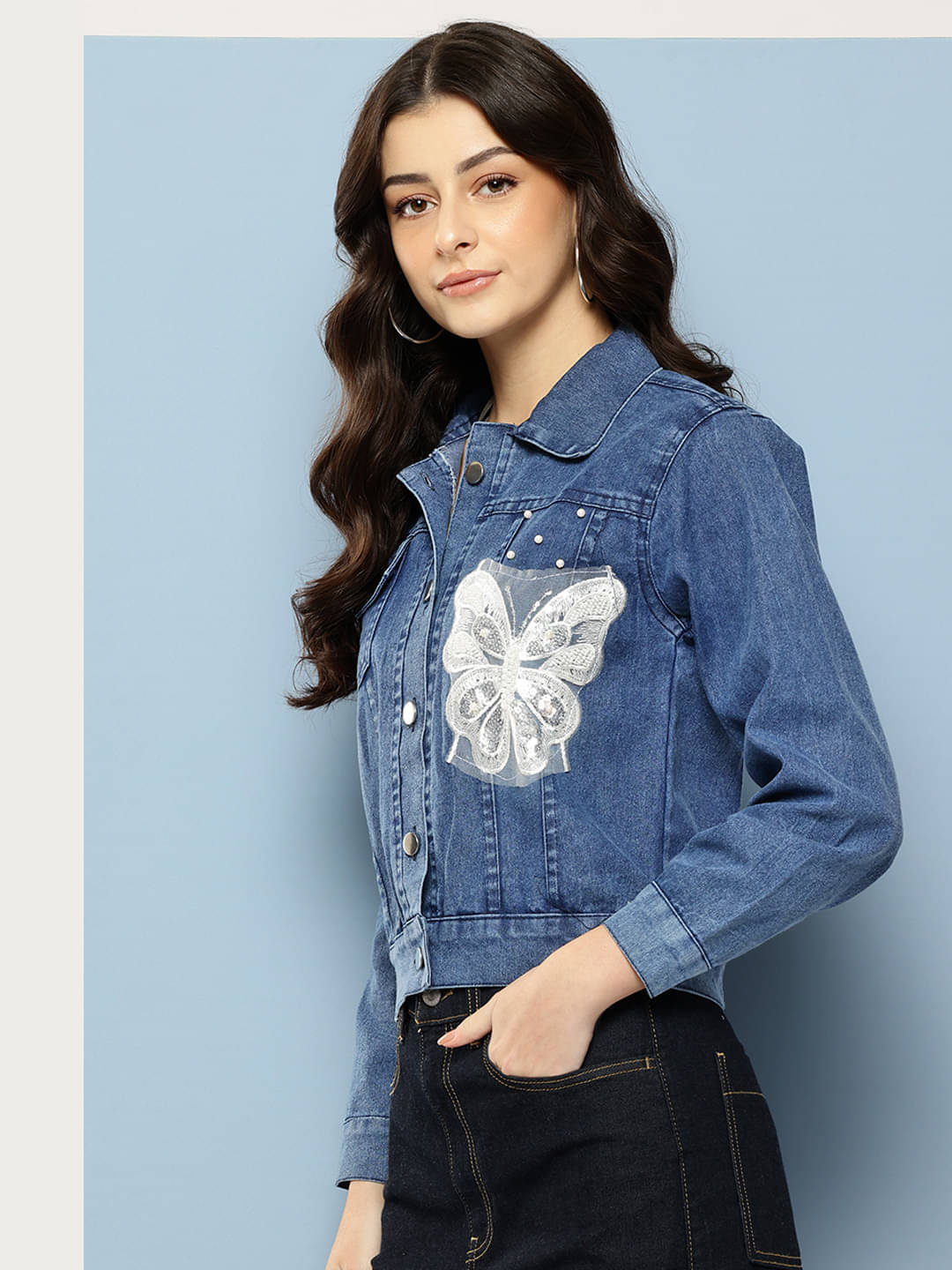     			Aarika Women Shirt Collar Denim Jacket ( Blue )