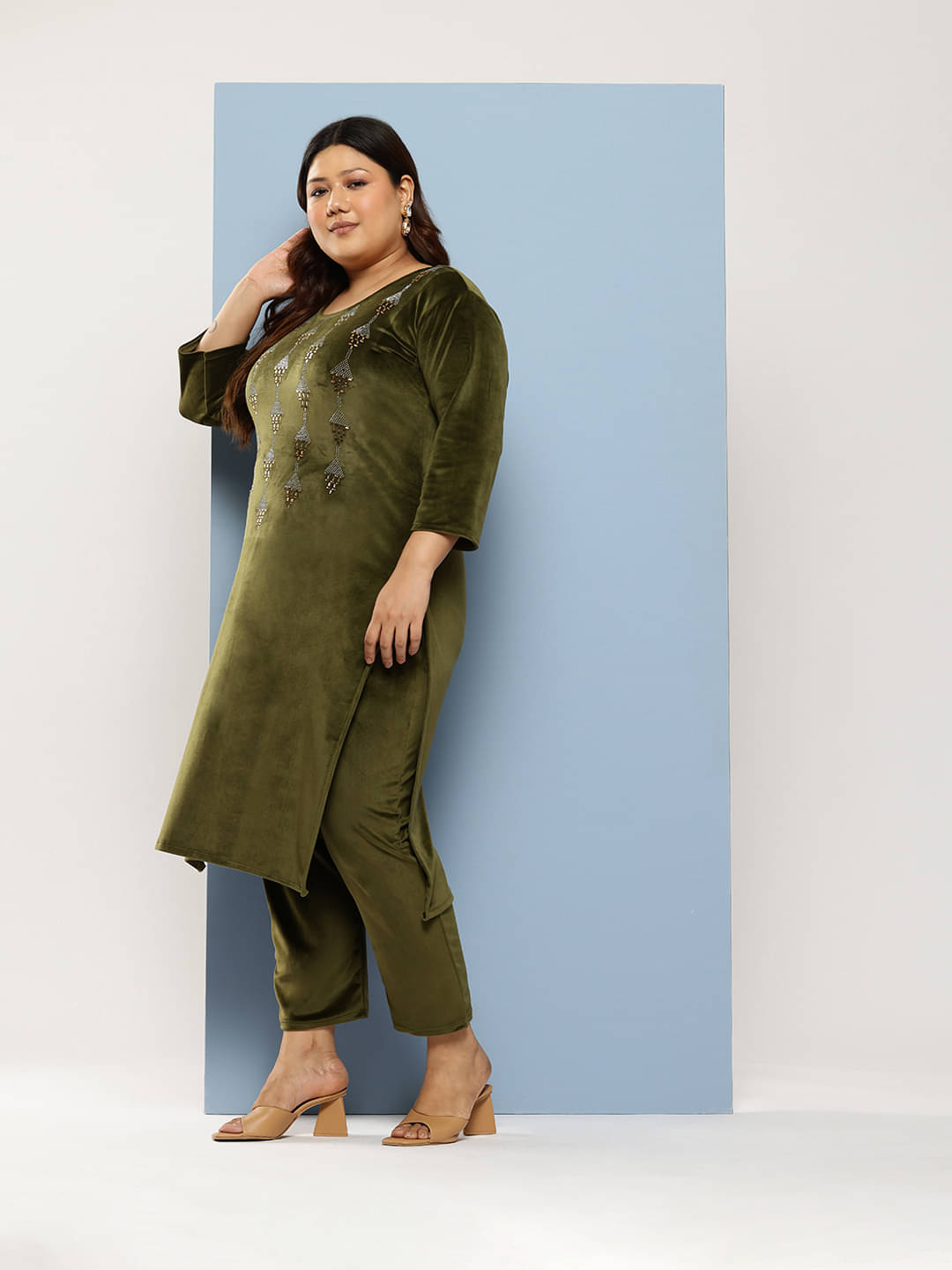 Aarika Women Velvet Embellished Straight Kurti With Pants ( Olive )     			Aarika Women Velvet Embellished Straight Kurti With Pants ( Olive )