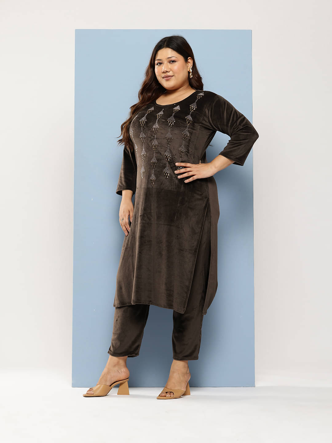 Aarika Women Velvet Embellished Straight Kurti With Pants ( Brown ) Aarika Women Velvet Embellished Straight Kurti With Pants ( Brown )