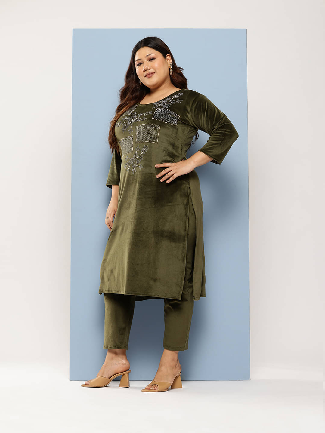 Aarika Women Velvet Embellished Straight Kurti With Pants ( Olive ) Aarika Women Velvet Embellished Straight Kurti With Pants ( Olive )