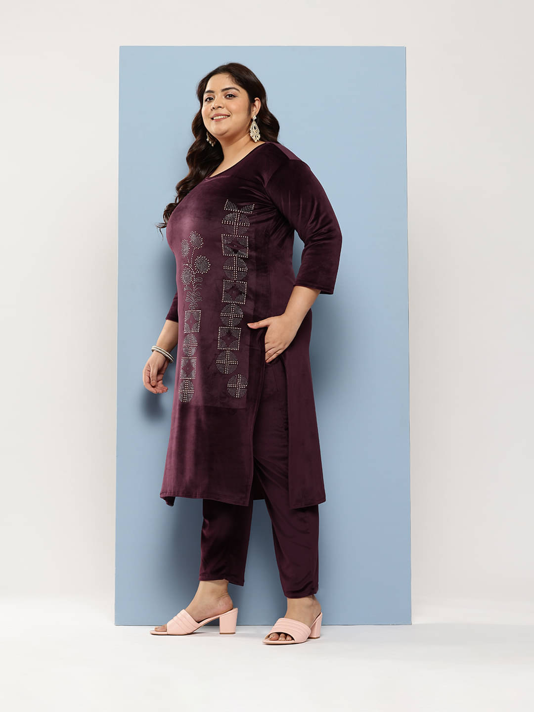 Aarika Women Velvet Embellished Straight Kurti With Pants ( Wine ) Aarika Women Velvet Embellished Straight Kurti With Pants ( Wine )