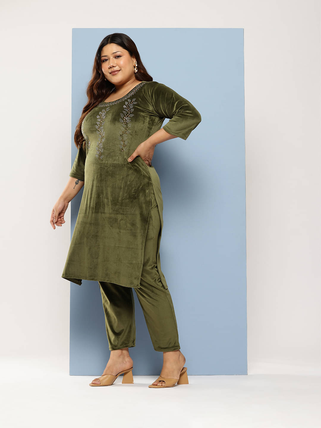 Aarika Women Velvet Embellished Straight Kurti With Pants ( Olive )     			Aarika Women Velvet Embellished Straight Kurti With Pants ( Olive )