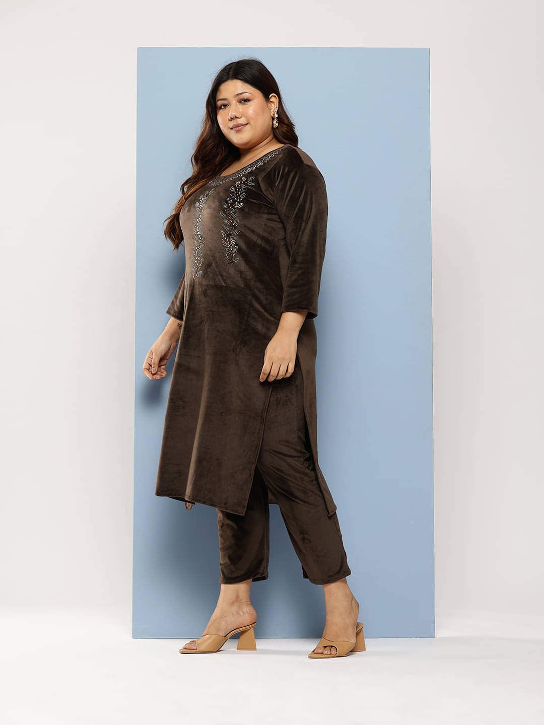 Aarika Women Velvet Embellished Straight Kurti With Pants ( Brown )     			Aarika Women Velvet Embellished Straight Kurti With Pants ( Brown )