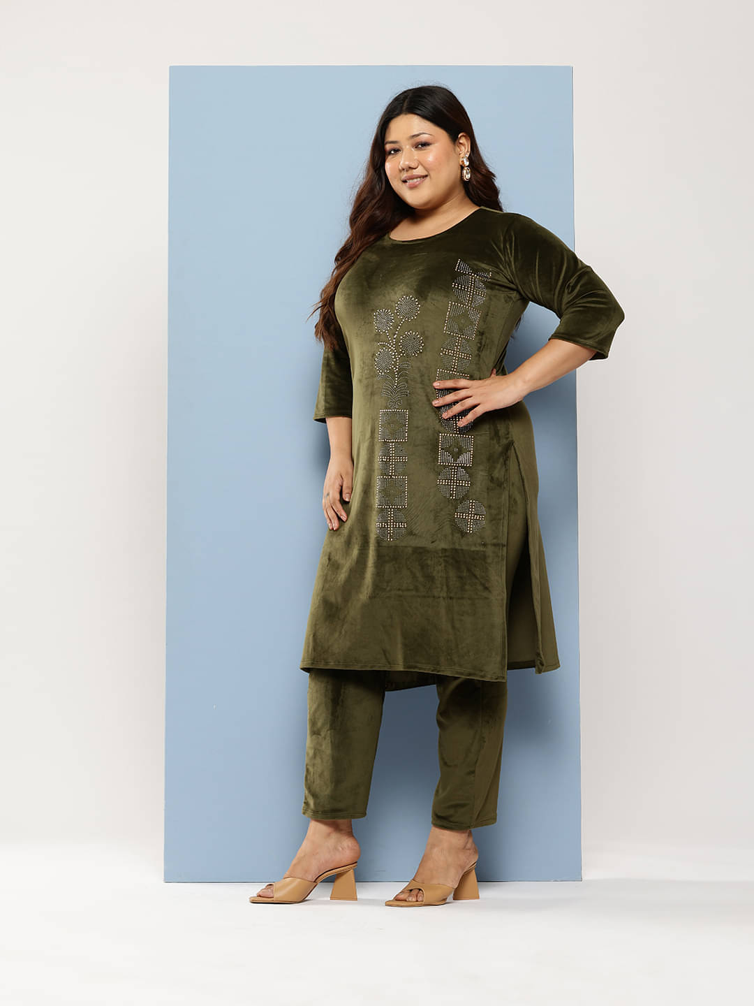 Aarika Women Velvet Embellished Straight Kurti With Pants ( Olive )     			Aarika Women Velvet Embellished Straight Kurti With Pants ( Olive )