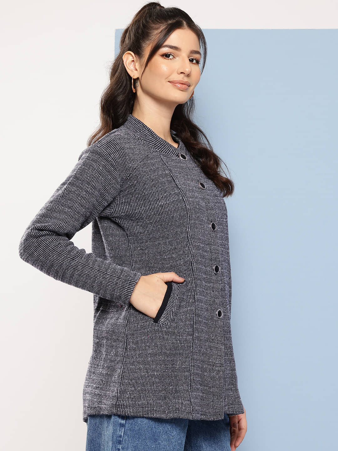 Aarika Women Woollen Round Neck Cardigan ( Black )