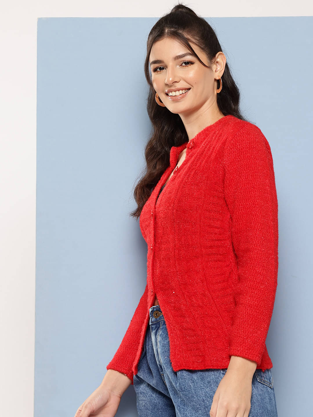 Aarika Women Woollen Round Neck Cardigan ( Red )     			Aarika Women Woollen Round Neck Cardigan ( Red )