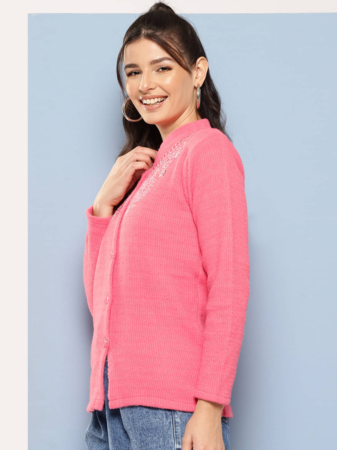     			Aarika Women Woollen Shirt Collar Cardigan ( Red )