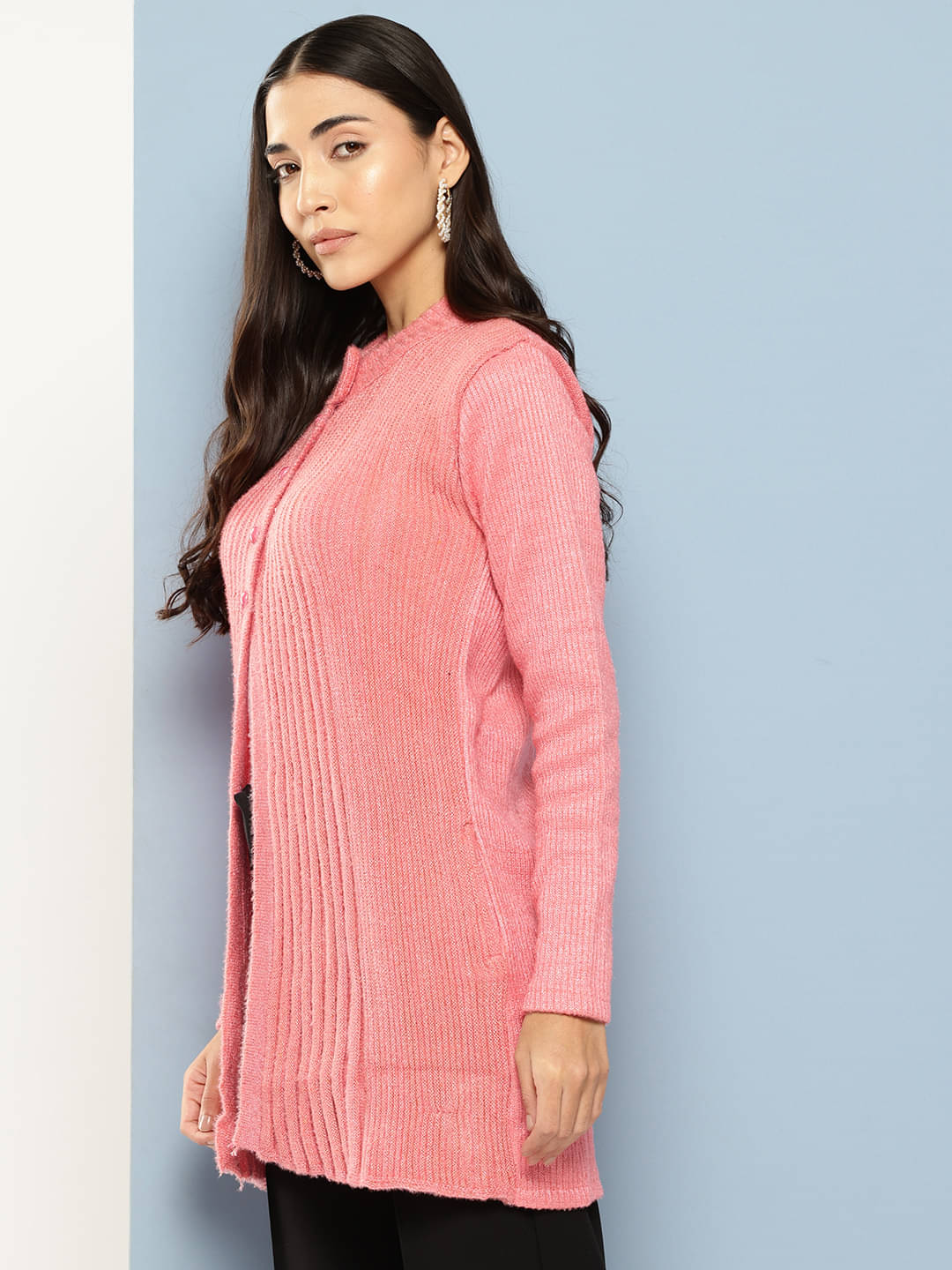 Aarika Women Woollen Shirt Collar Cardigan ( Peach ) Aarika Women Woollen Shirt Collar Cardigan ( Peach )