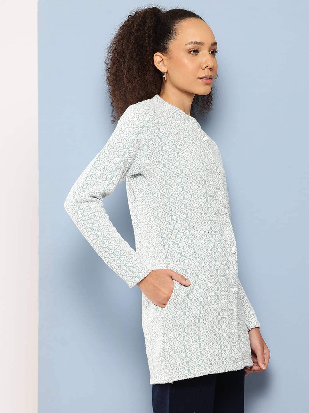 Aarika Women Woollen Shirt Collar Cardigan ( Sea Green )     			Aarika Women Woollen Shirt Collar Cardigan ( Sea Green )