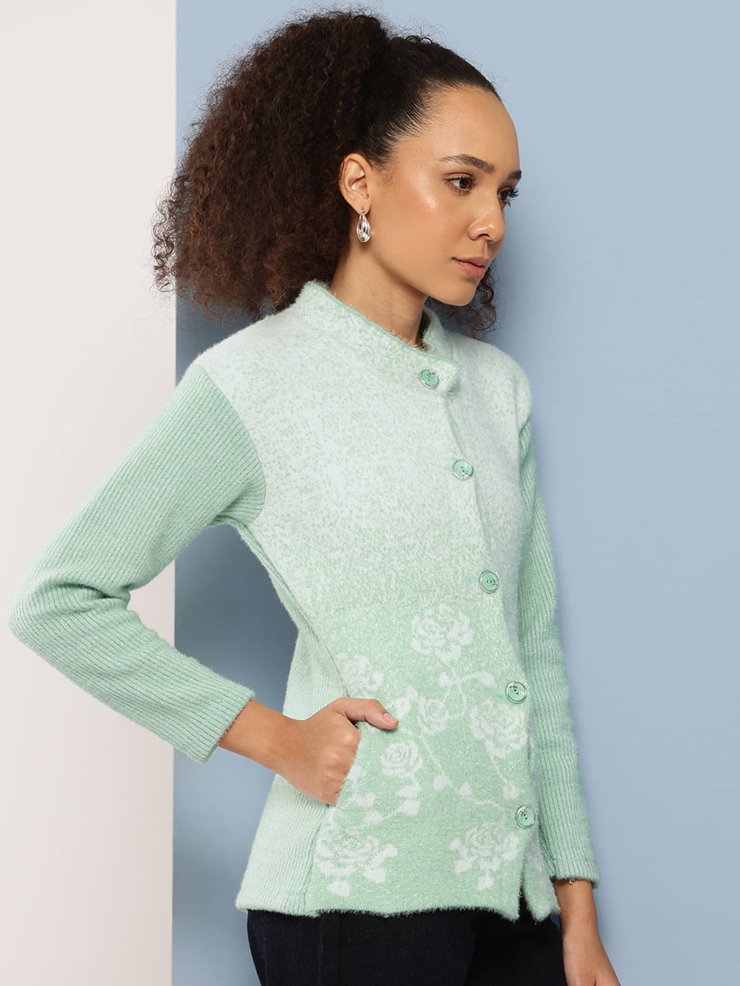     			Aarika Women Woollen Shirt Collar Cardigan ( Green )