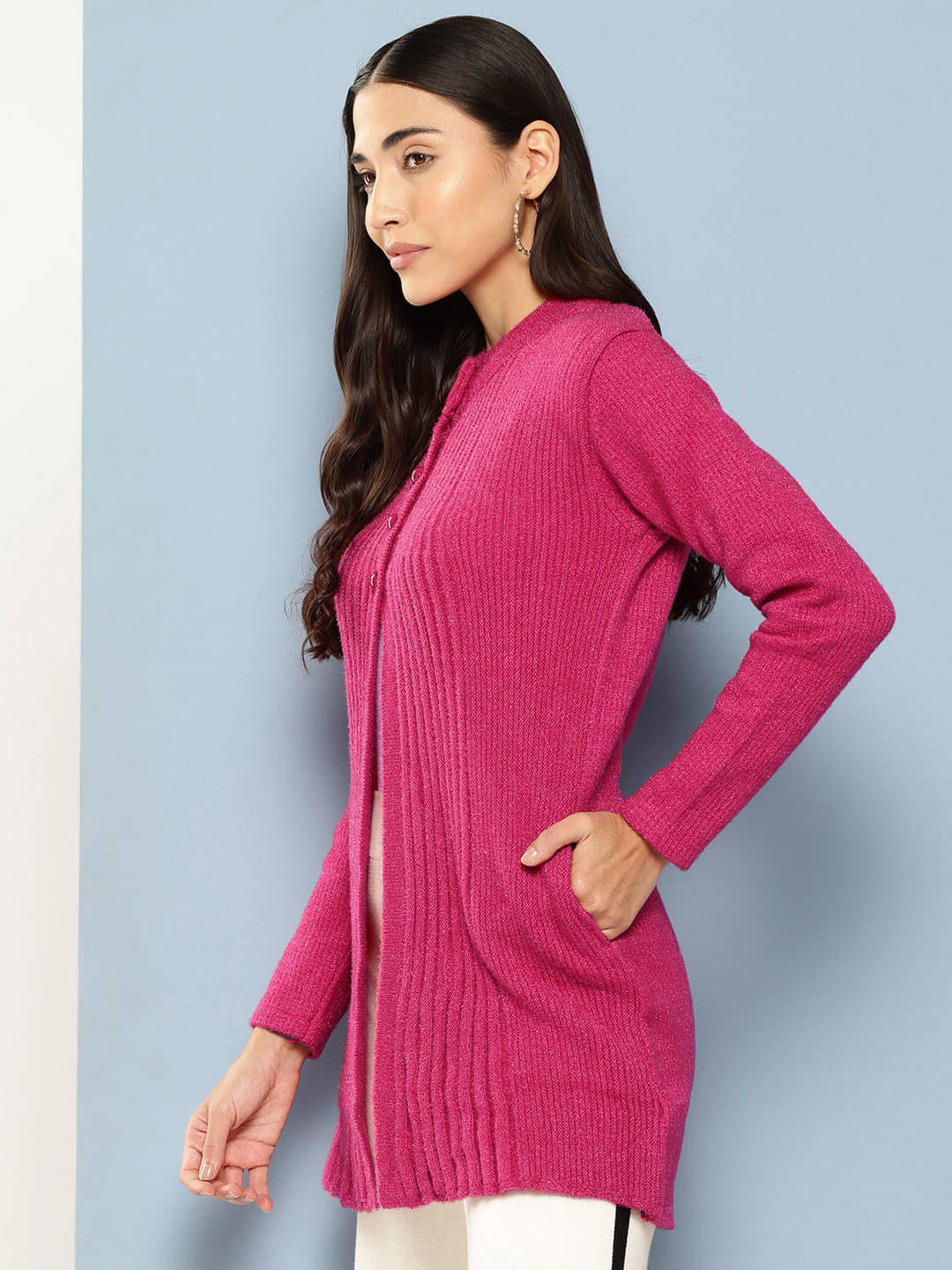 Aarika Women Woollen Shirt Collar Cardigan ( Pink ) Aarika Women Woollen Shirt Collar Cardigan ( Pink )