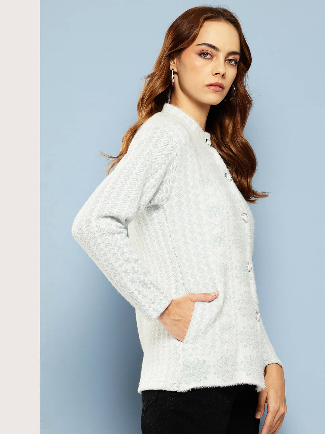     			Aarika Women Woollen Shirt Collar Cardigan ( Green )