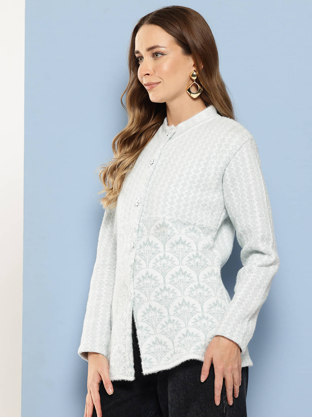     			Aarika Women Woollen Shirt Collar Cardigan ( Sea Green )