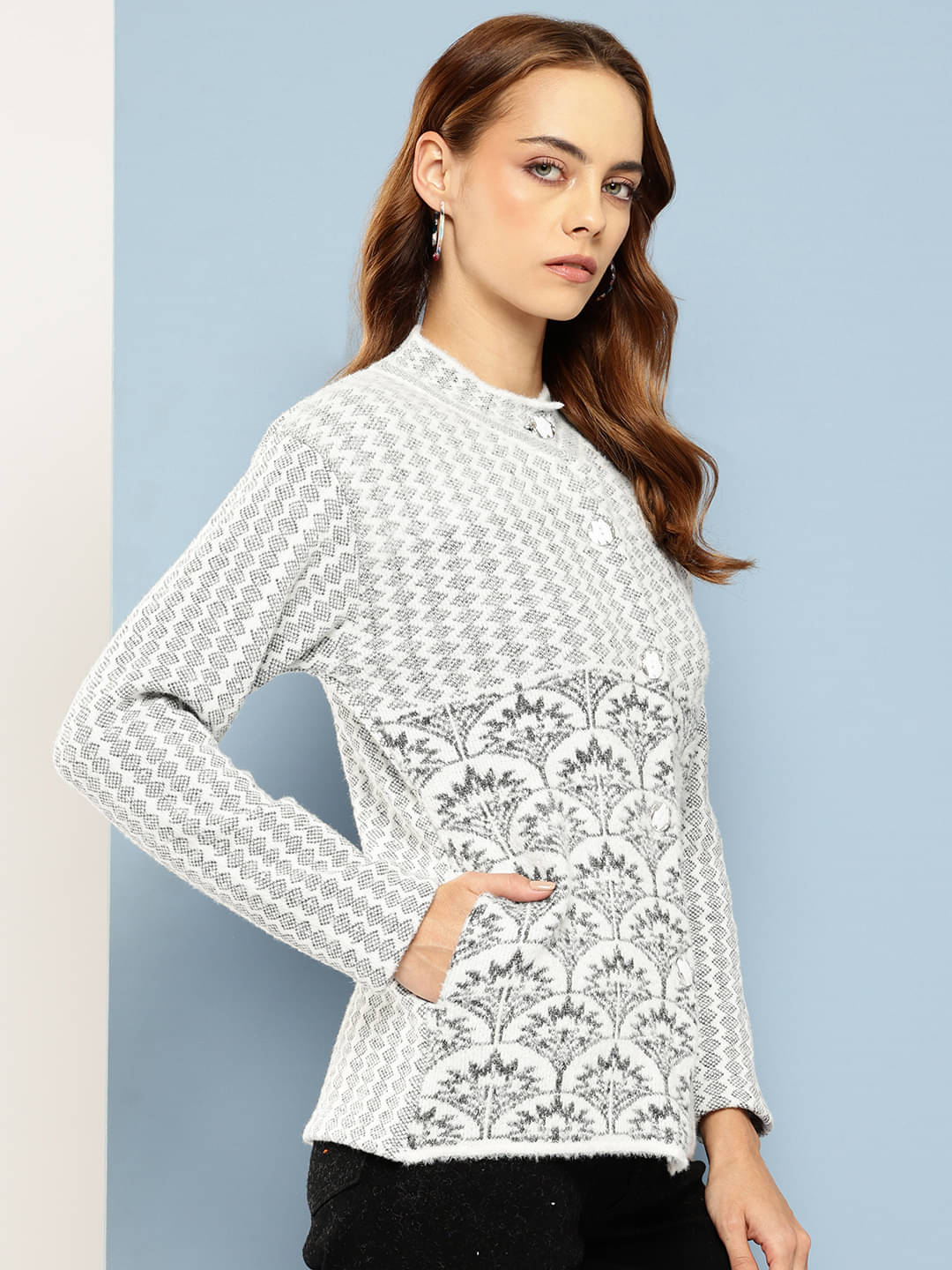 Aarika Women Woollen Shirt Collar Cardigan ( Grey ) Aarika Women Woollen Shirt Collar Cardigan ( Grey )