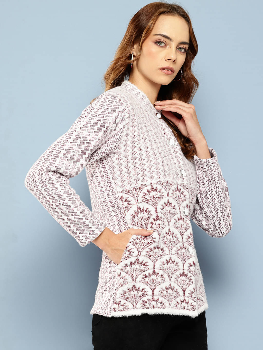     			Aarika Women Woollen Shirt Collar Cardigan ( Wine )