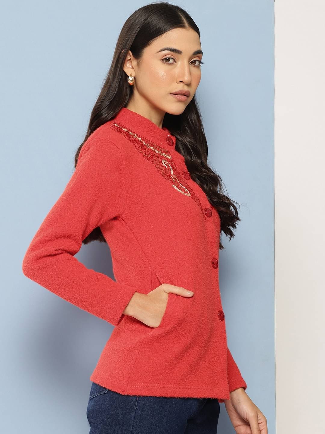 Aarika Women Woollen Shirt Collar Cardigan ( Red ) Aarika Women Woollen Shirt Collar Cardigan ( Red )