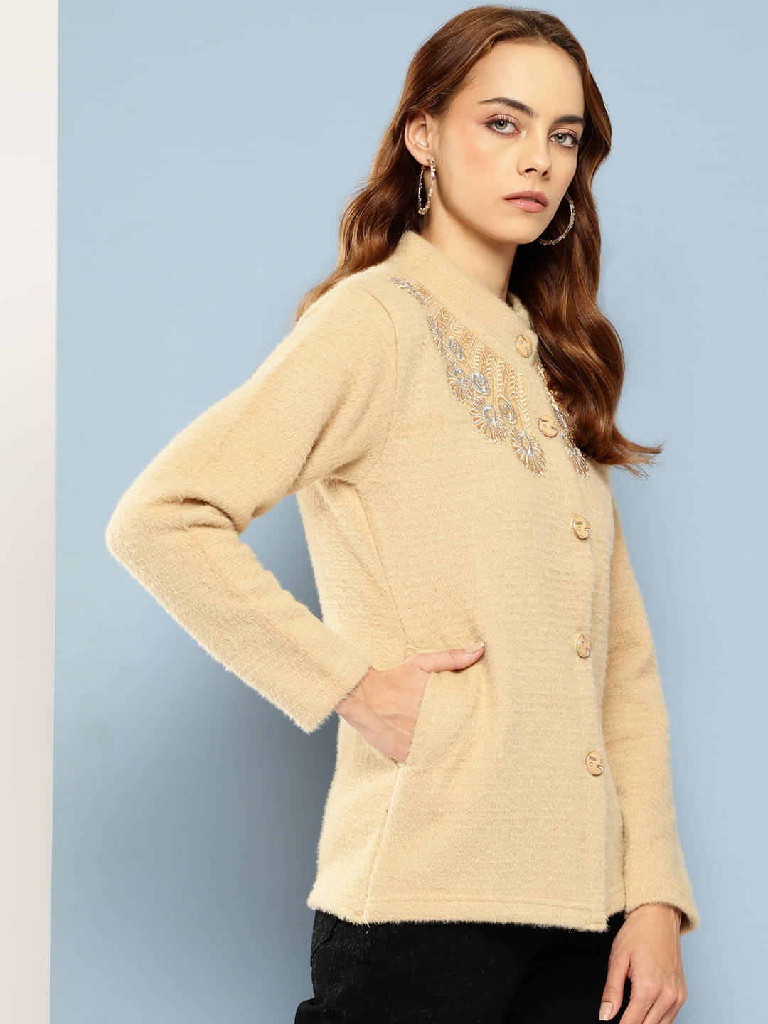 Aarika Women Woollen Shirt Collar Cardigan ( Beige ) Aarika Women Woollen Shirt Collar Cardigan ( Beige )