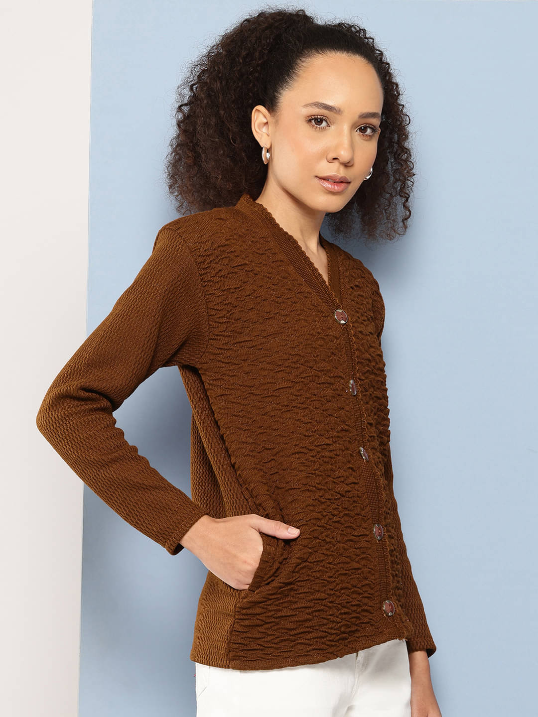 Aarika Women Woollen V-Neck Cardigan ( Brown )     			Aarika Women Woollen V-Neck Cardigan ( Brown )