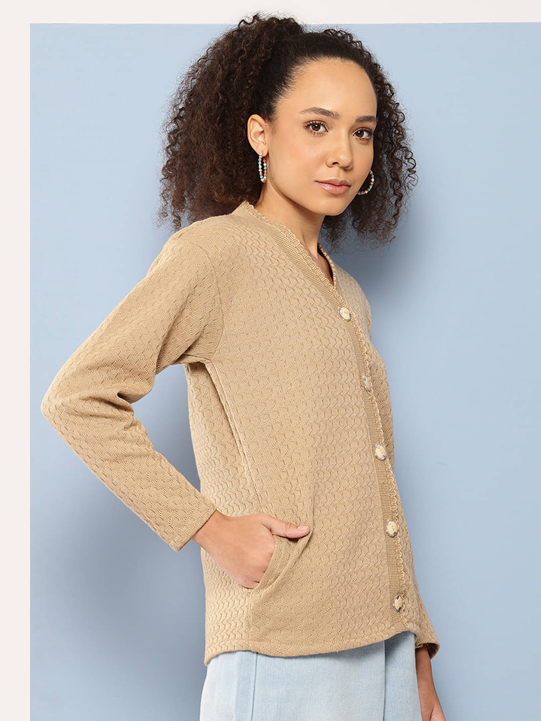 Aarika Women Woollen V-Neck Cardigan ( Beige )     			Aarika Women Woollen V-Neck Cardigan ( Beige )
