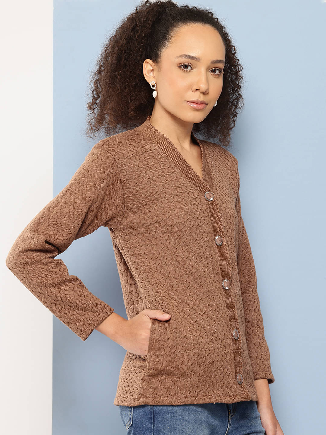 Aarika Women Woollen V-Neck Cardigan ( Brown )     			Aarika Women Woollen V-Neck Cardigan ( Brown )